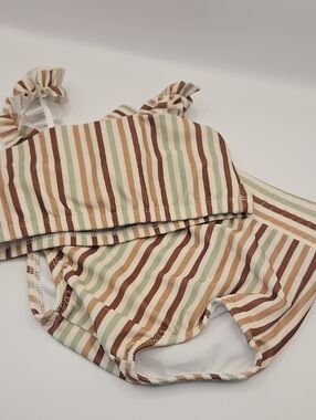 Striped Ruffle Strap Kids Bikini in Brown, Cream & Green